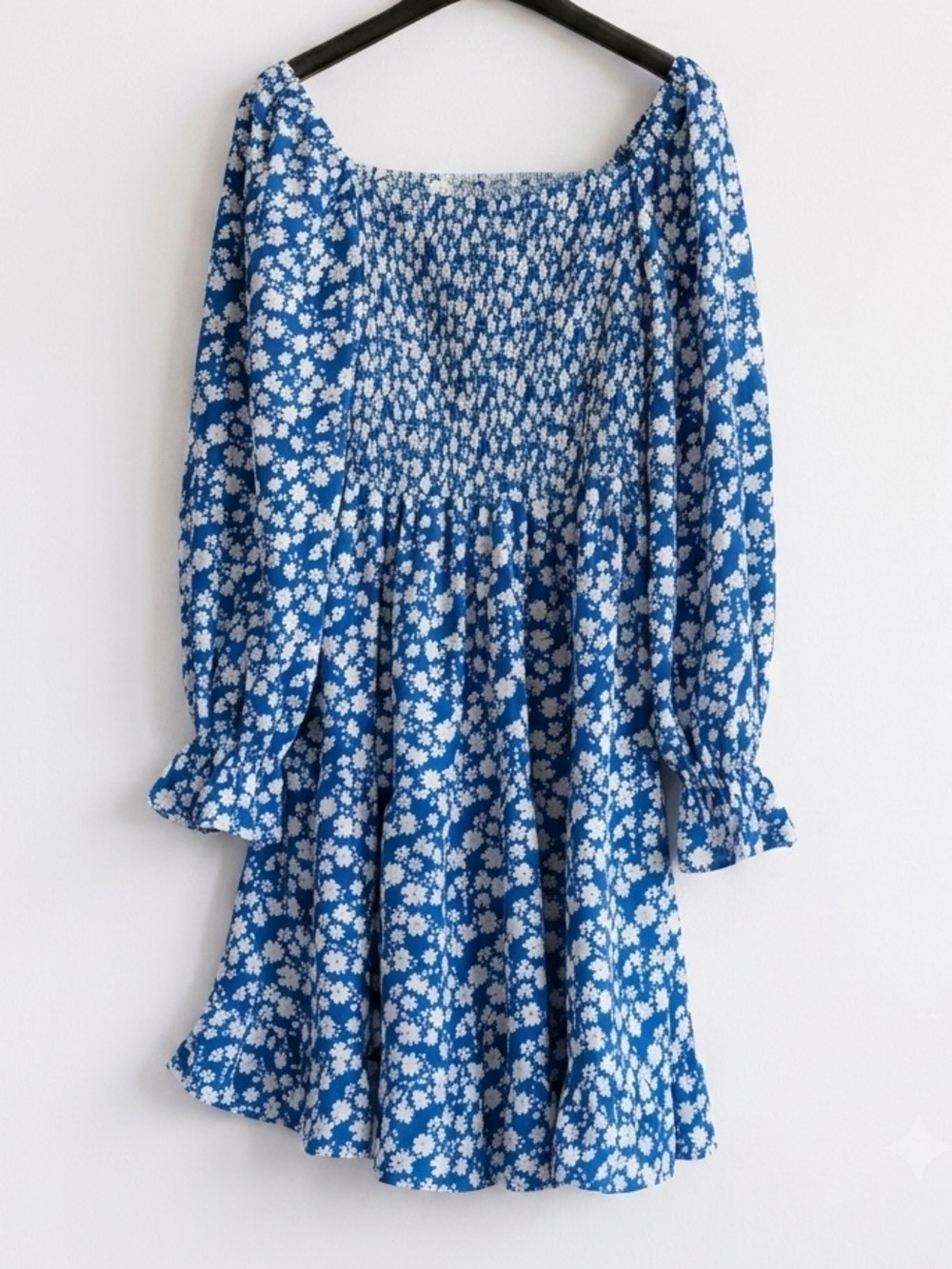Blue and White Floral  Smocked Bodice Midi Dress